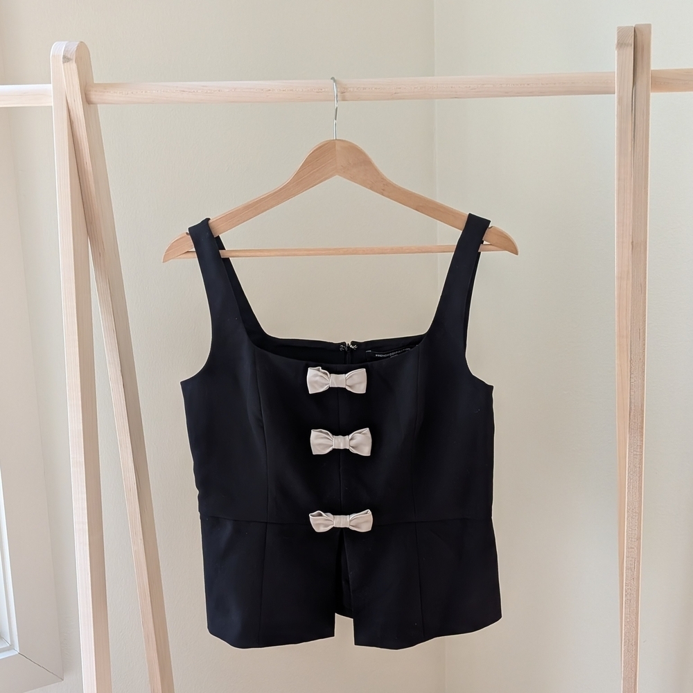 NWT French Connection Azra Peplum Bow Top In Black/Cream - Size 8